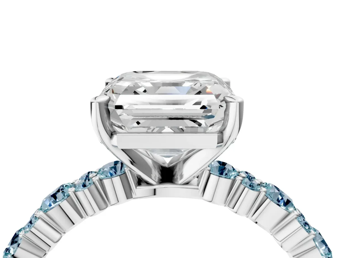 Asscher Cut Diamond Side Stone Solitaire Ring with Round Aquamarine and Four-Prong Setting Platinum