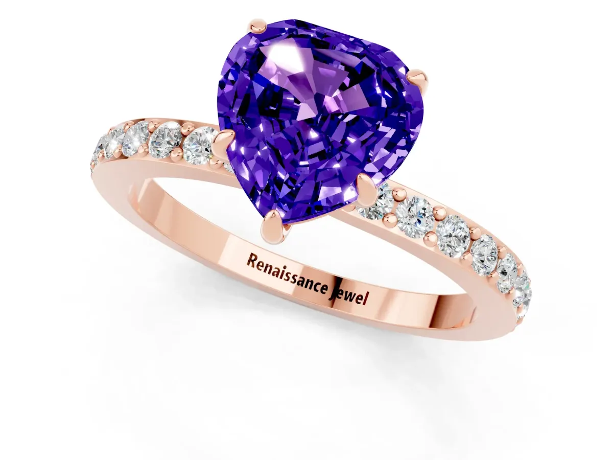 Heart Cut Tanzanite Solitaire Engagement Ring with Pavé Band and Four-Prong Setting Rose gold