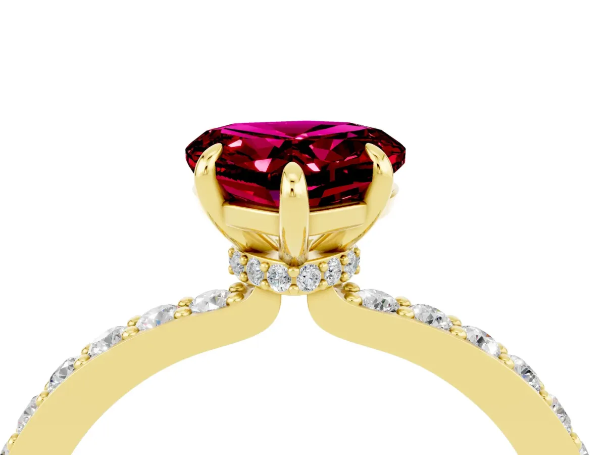 Heart Cut Garnet Solitaire Engagement Ring with Pavé Band and Four-Prong Setting Yellow gold