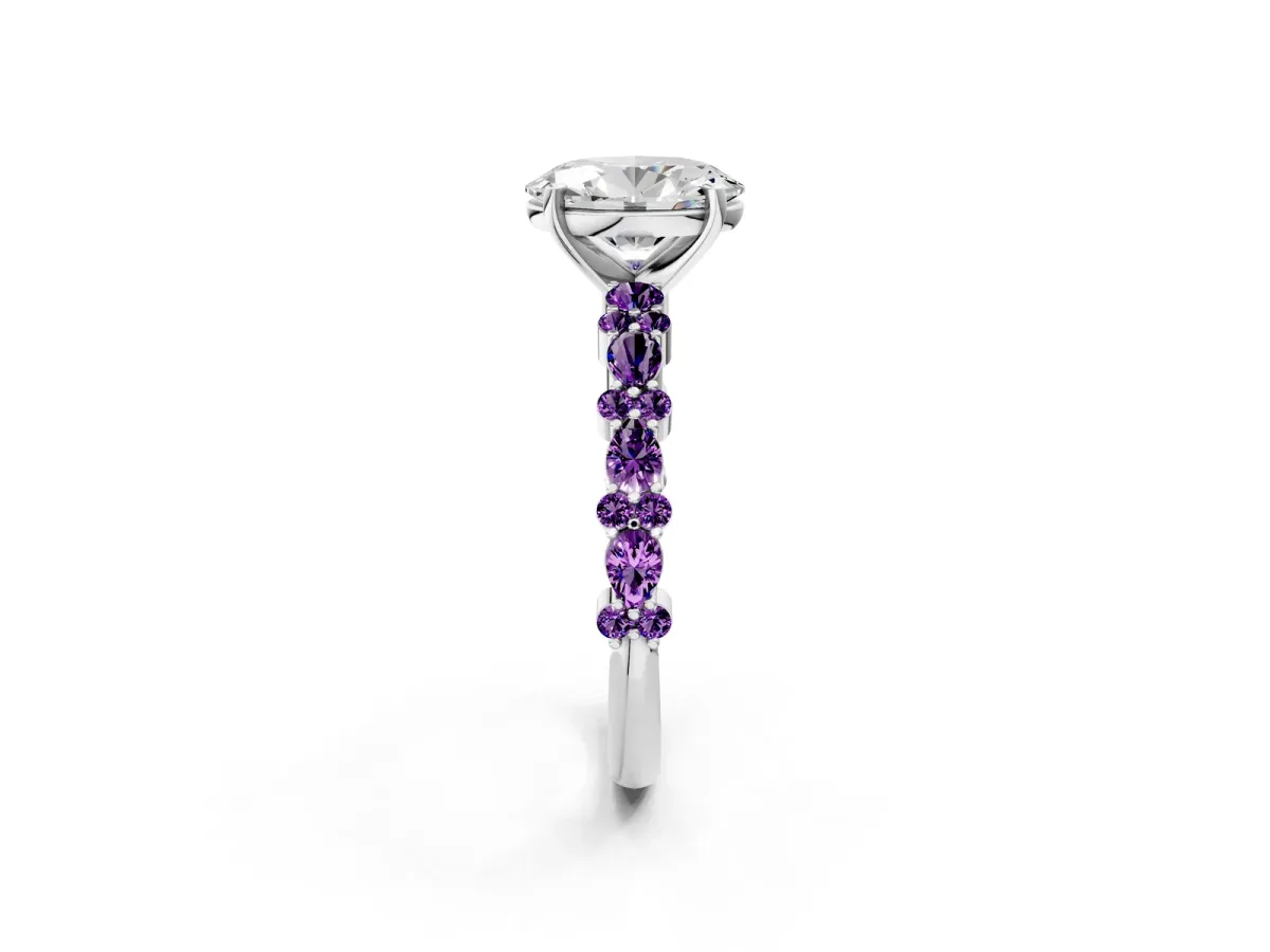 Oval Cut Diamond Side Stone Solitaire Ring with Round Amethyst and Four-Prong Setting Silver