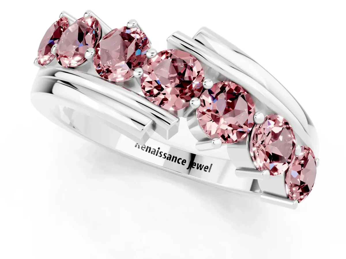 Round Morganite Wave Band with Channel and Shared Prong Setting Silver
