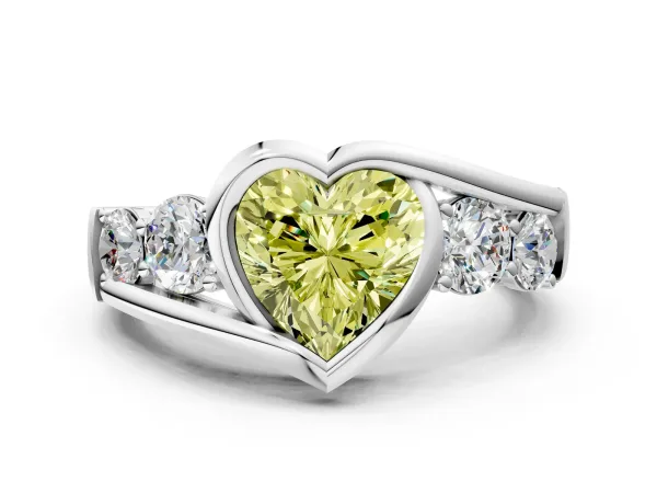 Fancy Yellow Bezel Set Heart Cut Diamond Bypass Ring with Round Accents Platinum