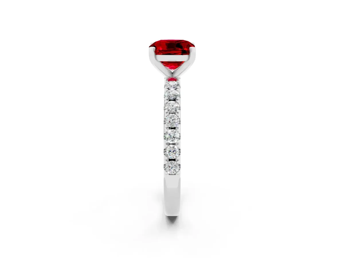 Cushion Cut Ruby Solitaire Pavé Band with Four-Prong Setting Platinum