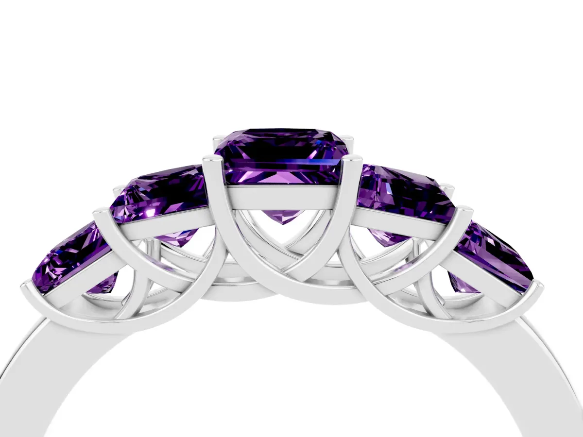 Princess Cut Five-Stone Amethyst Ring with Classic Prong Setting Silver