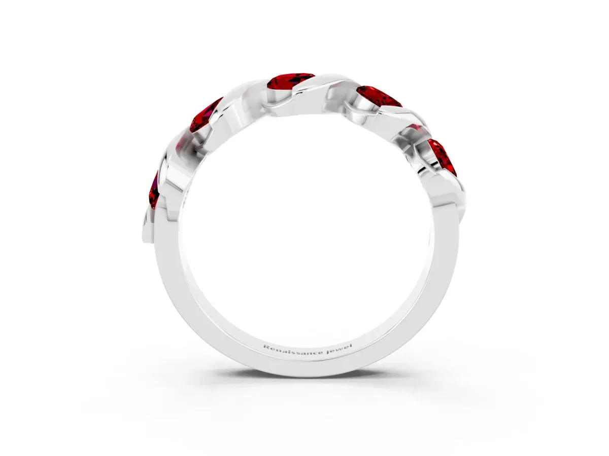 Round Ruby Wave Band with Channel Setting and Shared Prongs White gold