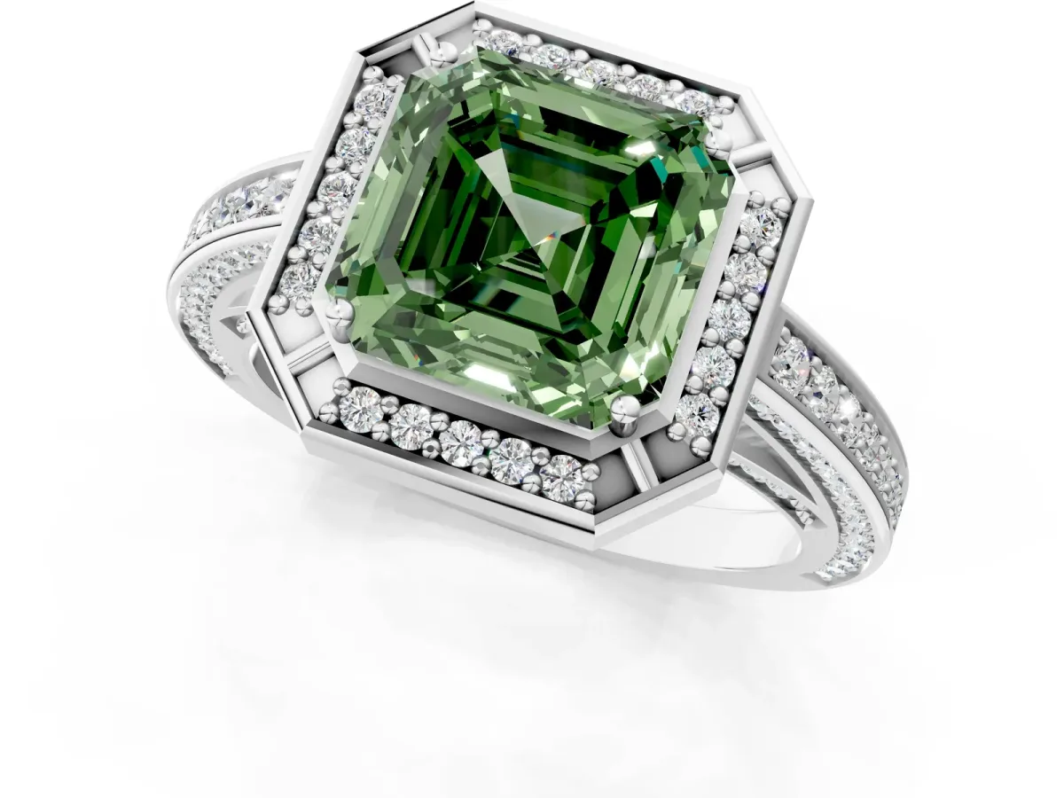 Fancy Green Asscher Cut Cut Halo Pave Split Shank Prong Setting Ring Platinum