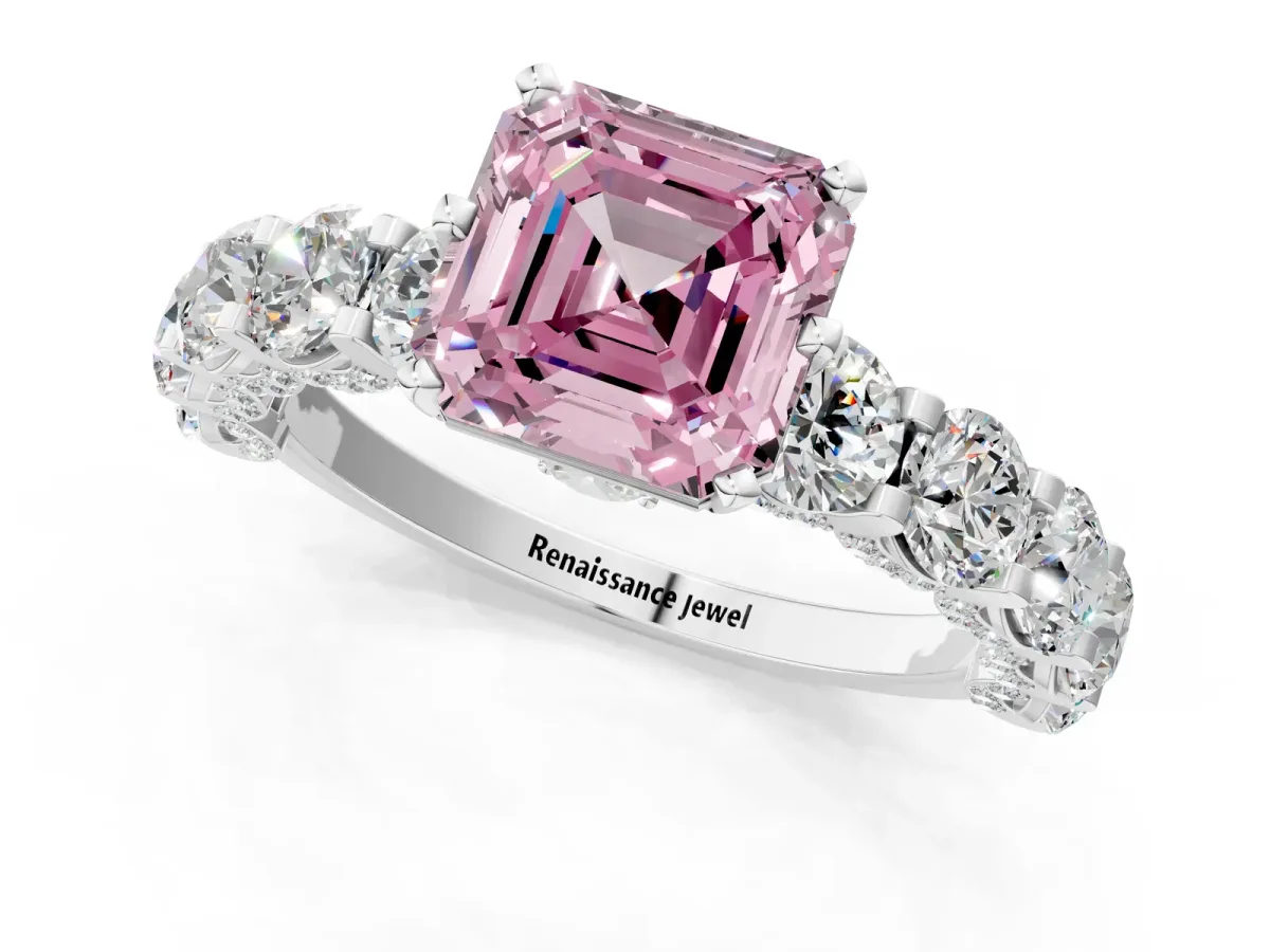 Fancy Pink Asscher Cut Diamond Side Stone Engagement Ring with Four-Prong Setting White gold