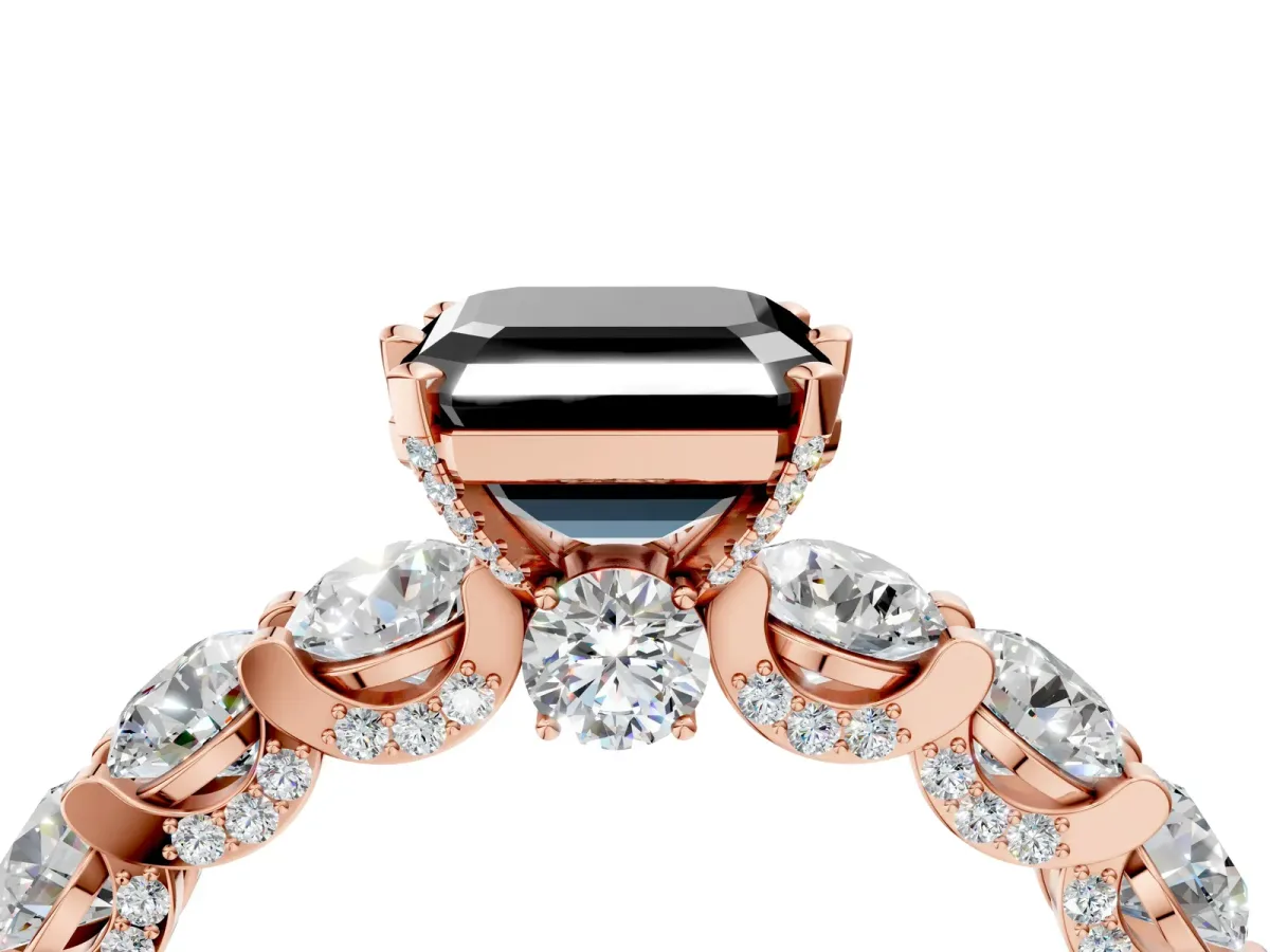 Fancy Black Asscher Cut Diamond Side Stone Engagement Ring with Four-Prong Setting Rose gold
