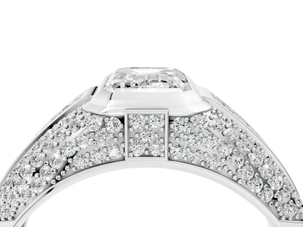 Emerald Cut Diamond Mens Ring with Side Stones Silver