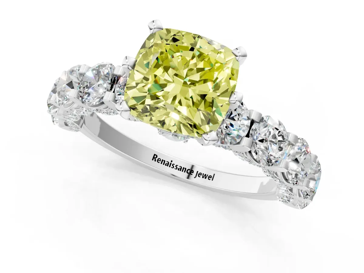 Fancy Yellow Cushion Cut Diamond Side Stone Engagement Ring with Four-Prong Setting White gold