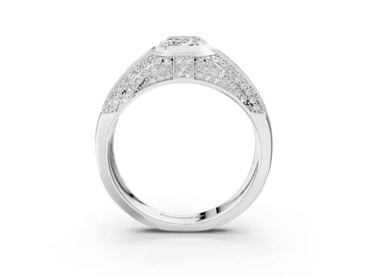 Emerald Cut Diamond Mens Ring with Side Stones Silver
