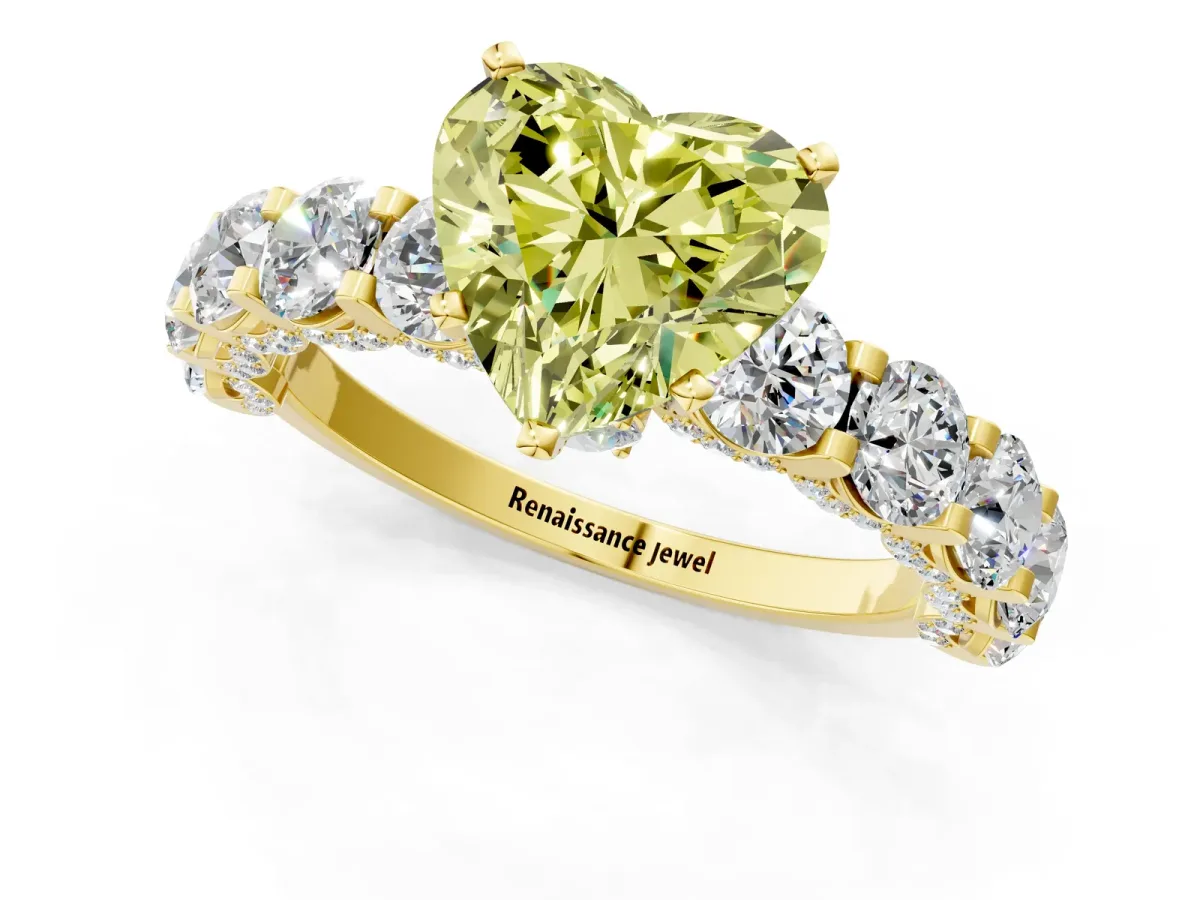 Fancy Yellow Heart Cut Diamond Side Stone Engagement Ring with Four-Prong Setting Yellow gold