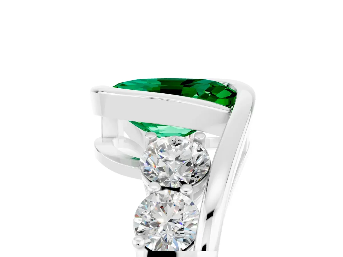 Bezel Set Oval Cut Emerald Bypass Ring with Round Accents Platinum