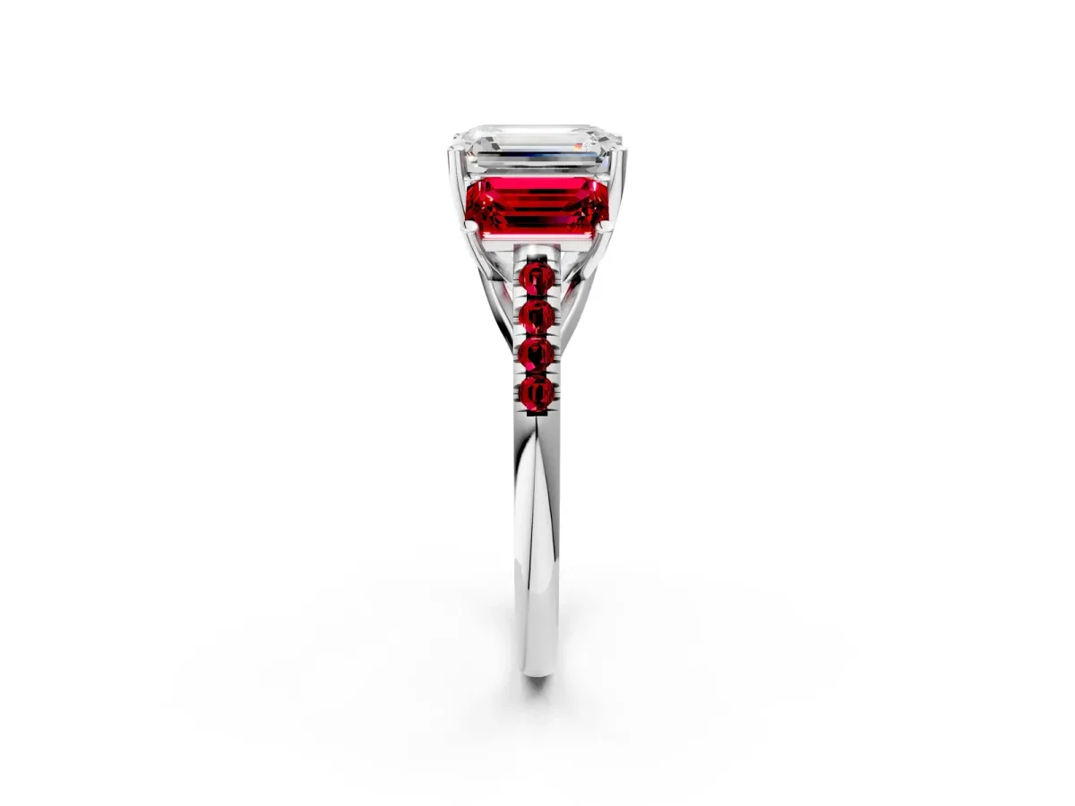 Three-Stone Emerald Cut Diamond Ring with Round Ruby Pavé Band and Prong Setting Silver