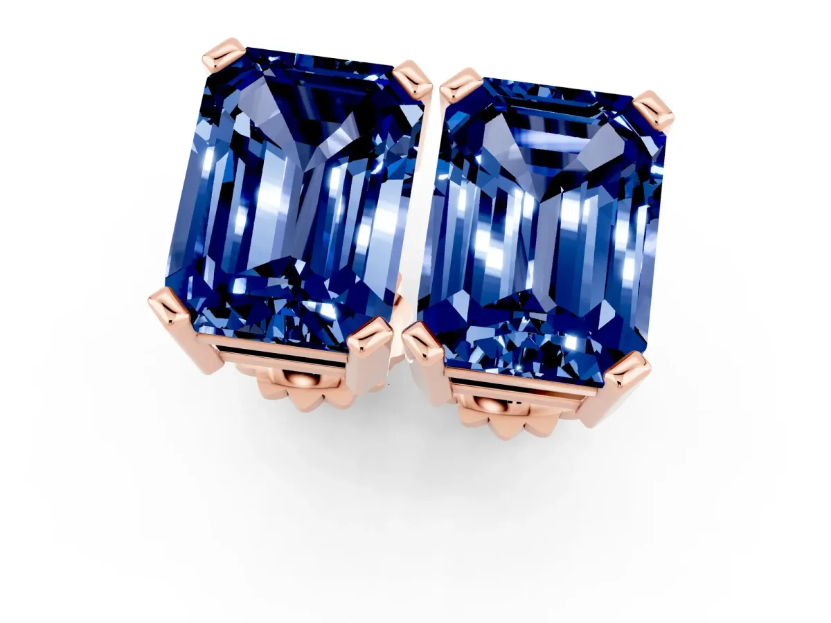 Emerald Cut Blue Sapphire Stud Earrings Rose gold