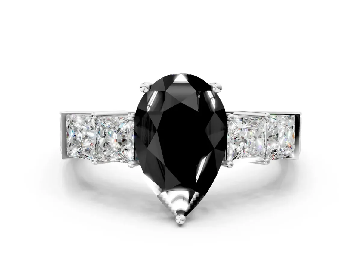 Fancy Black Pear Cut Solitaire Princess Side Stone Engraved Band Prong Setting Ring Silver