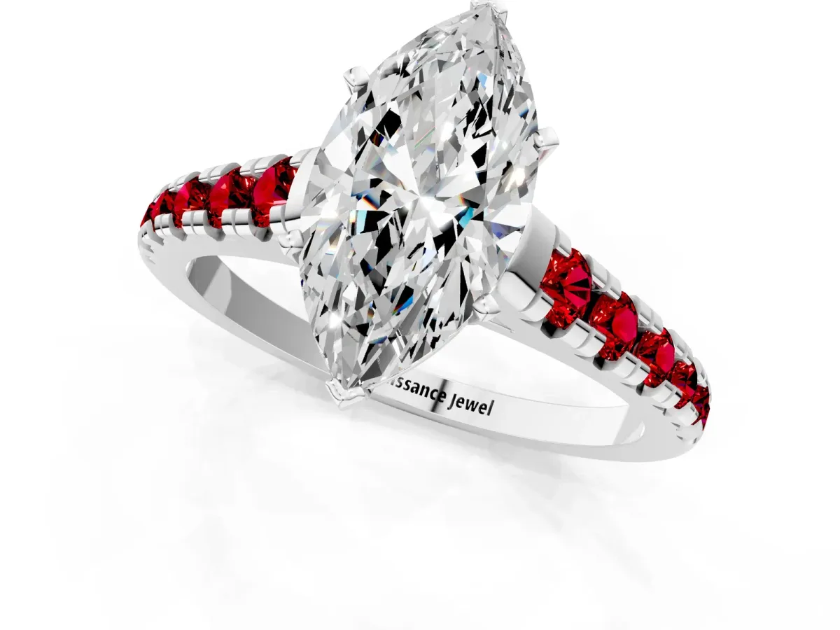 Marquise Cut Diamond Cathedral Solitaire Ring with Round Ruby Pavé Band Silver