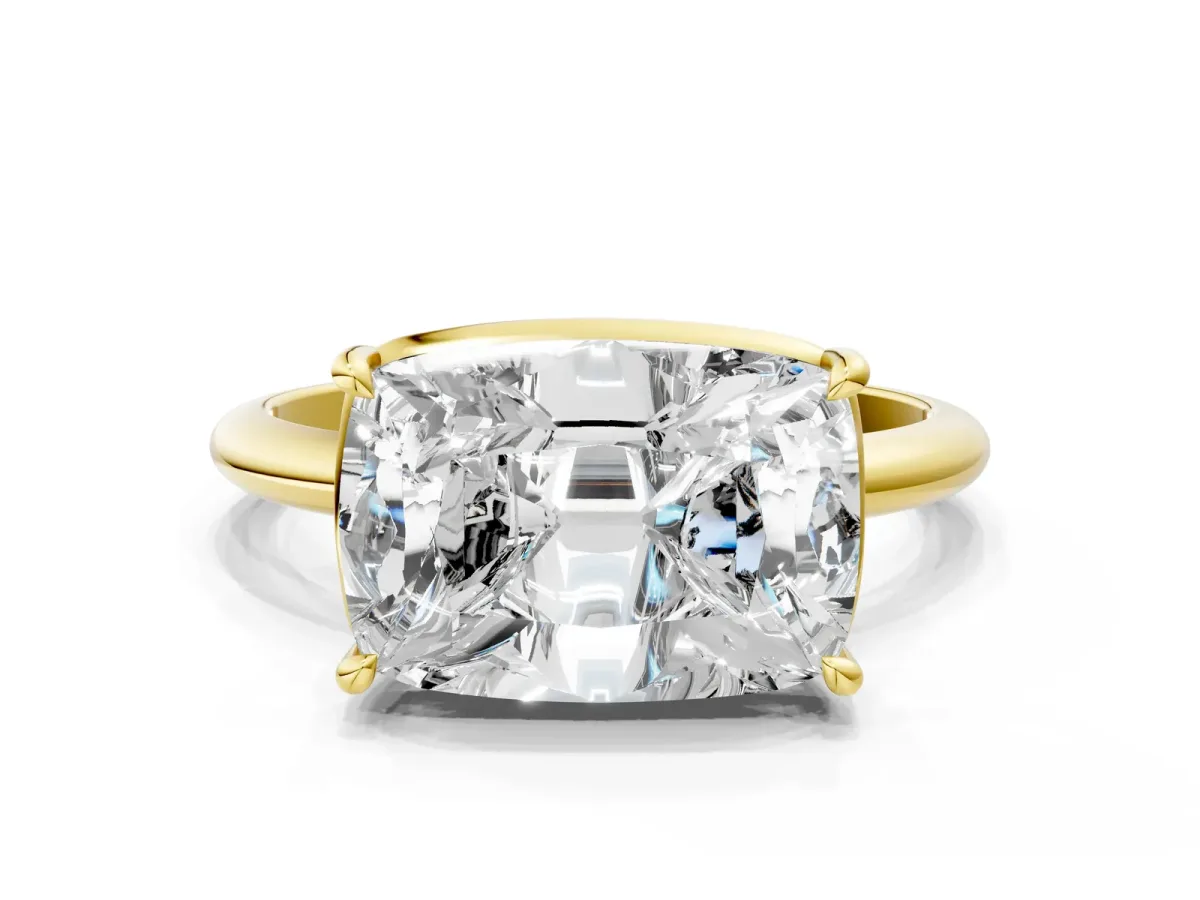 Old Mine Elongated Cushion Diamond East-West Bezel Set Four Claw Solitaire Ring Yellow gold