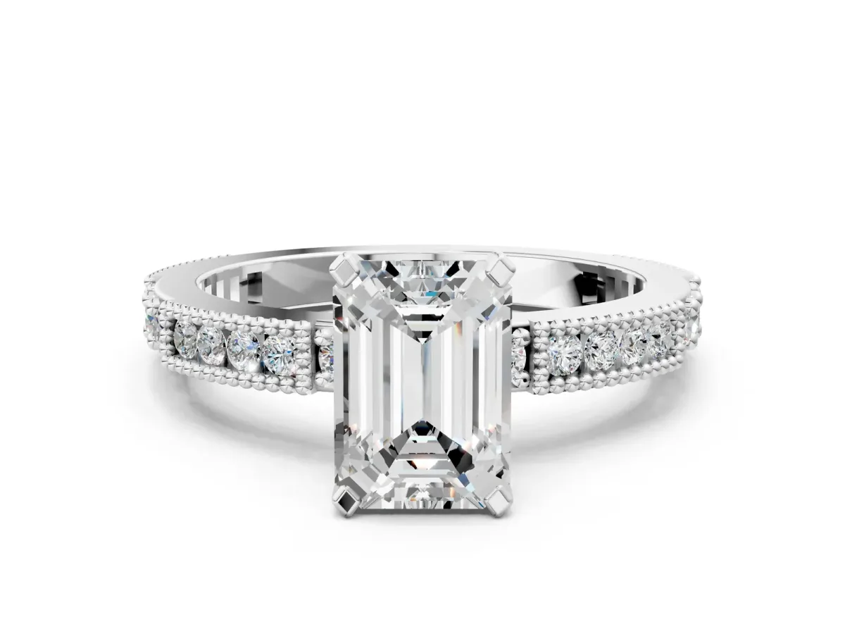 Emerald Cut Solitaire with Pavé Band and Four-Prong Setting Silver