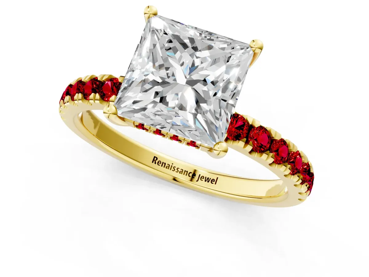 Princess Cut Diamond Pave Band Solitaire Ring with Round Ruby and Prong Setting Yellow gold