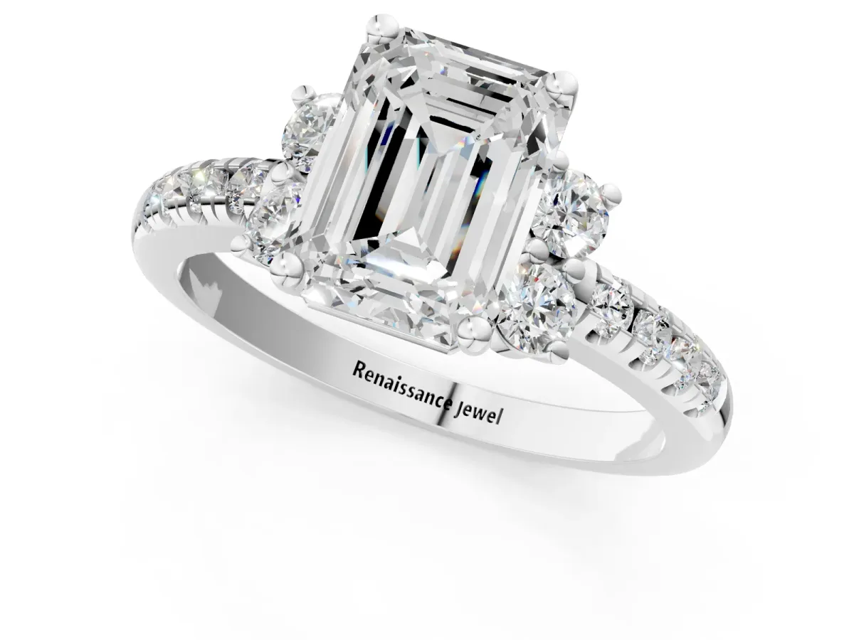 Emerald Cut Diamond Three-Stone Pave Band with Four-Prong Setting Silver