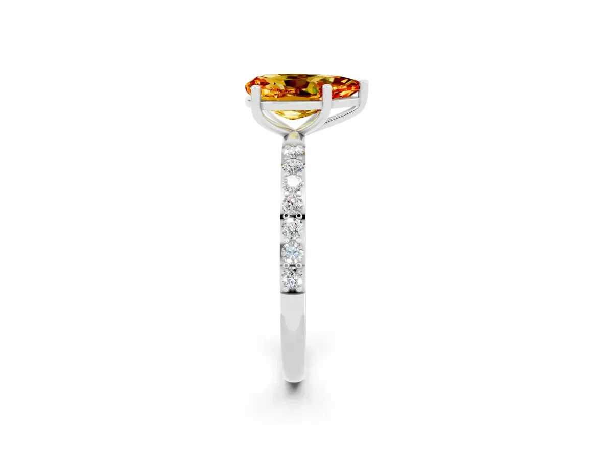 Pear Cut Citrine Solitaire Ring with Round Pavé Band and Prong Setting Platinum