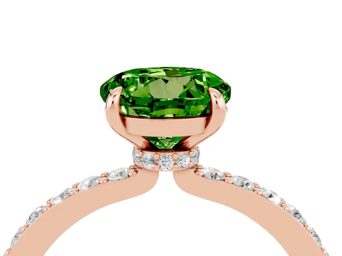 Round Cut Peridot Solitaire Engagement Ring with Pavé Band and Four-Prong Setting Rose gold