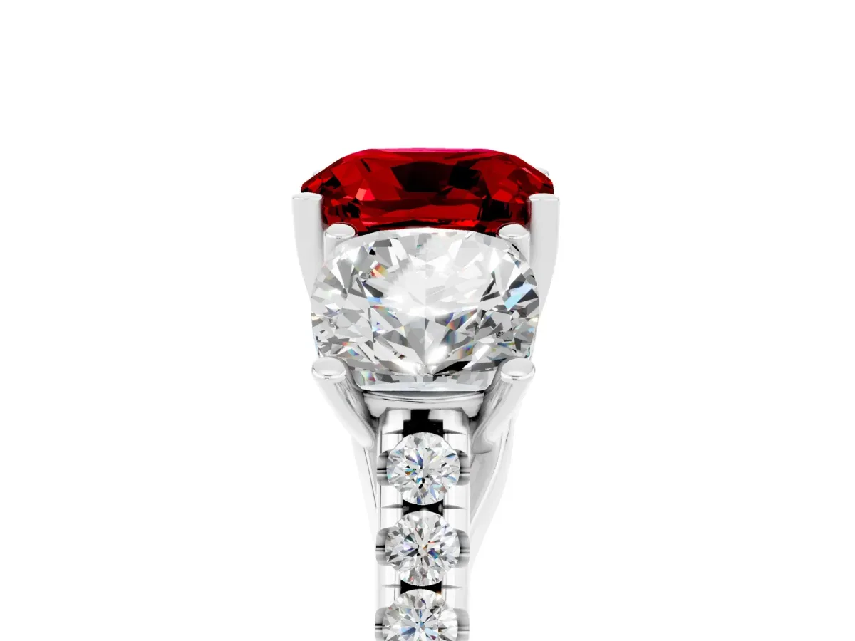 Three-Stone Cushion Cut Ruby Ring with Round Pavé Band and Prong Setting Platinum
