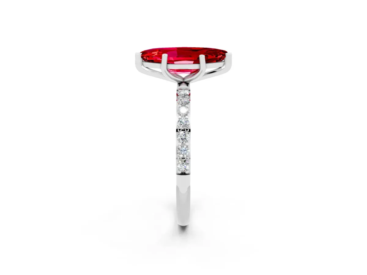 Marquise Cut Ruby Solitaire Ring with Round Pavé Band and Prong Setting Platinum