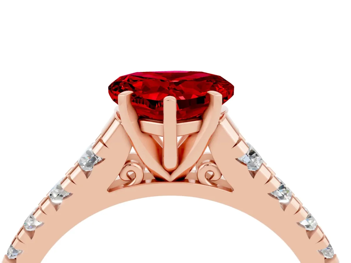 Heart Cut Ruby Cathedral Solitaire Ring with Round Pavé Band Rose gold