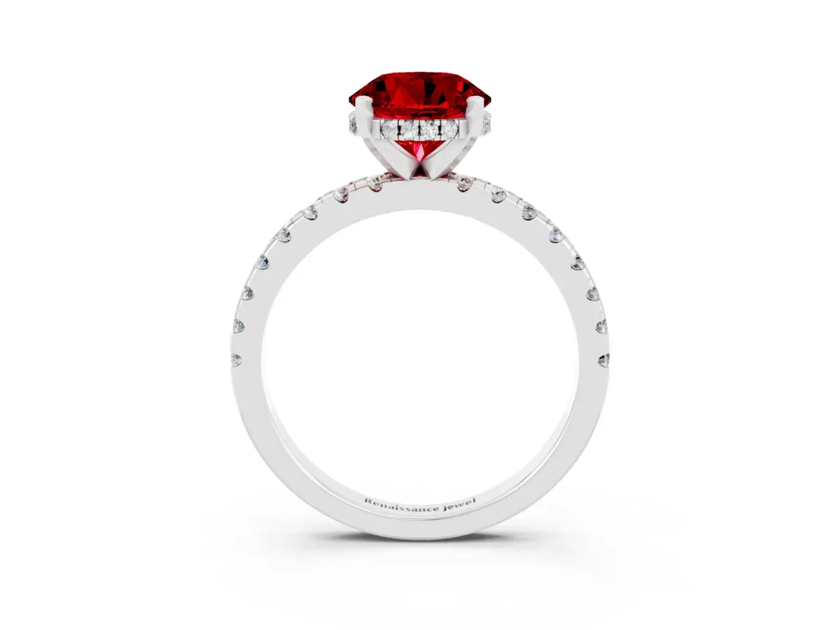 Round Cut Ruby Solitaire Ring with Round Pavé Band and Four-Prong Setting White gold
