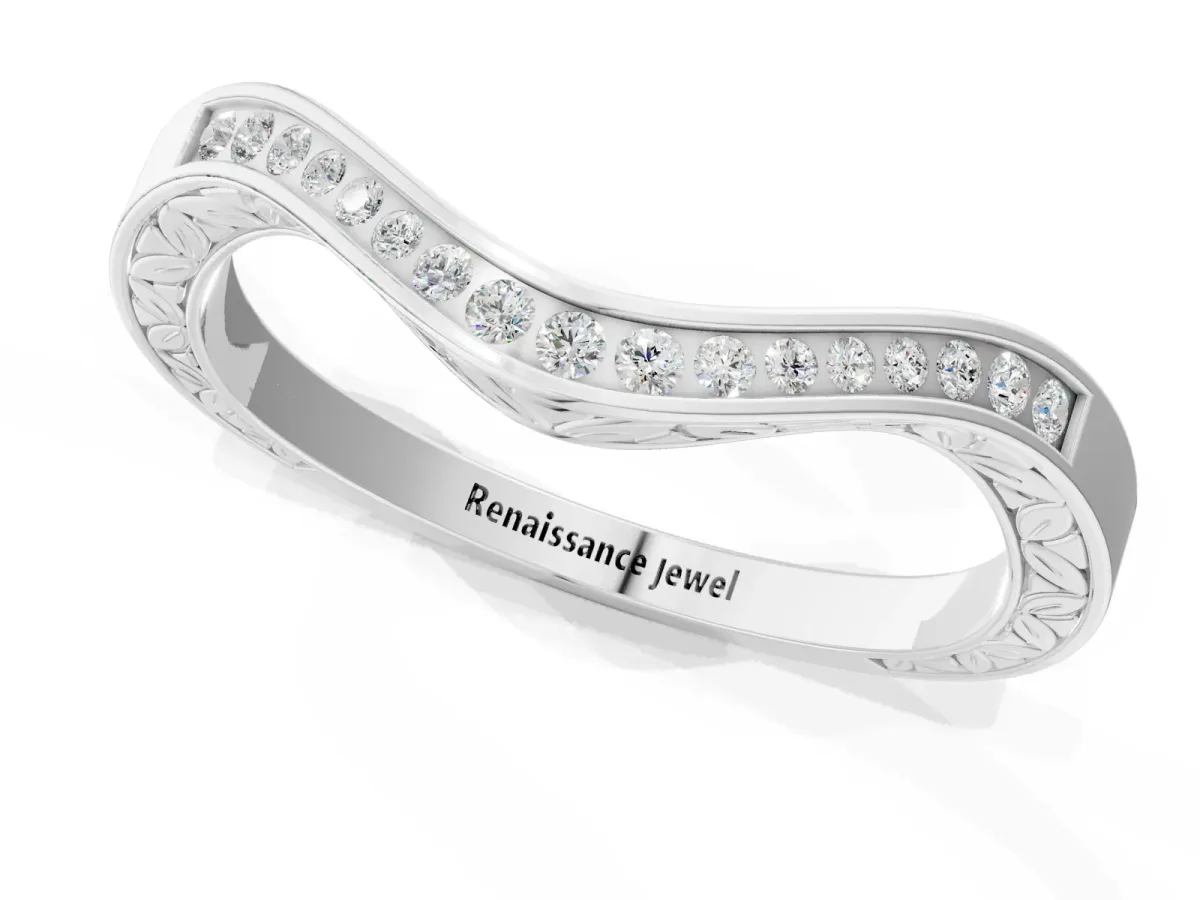 Round Cut Channel Set Wave Band with Pavé Setting Silver
