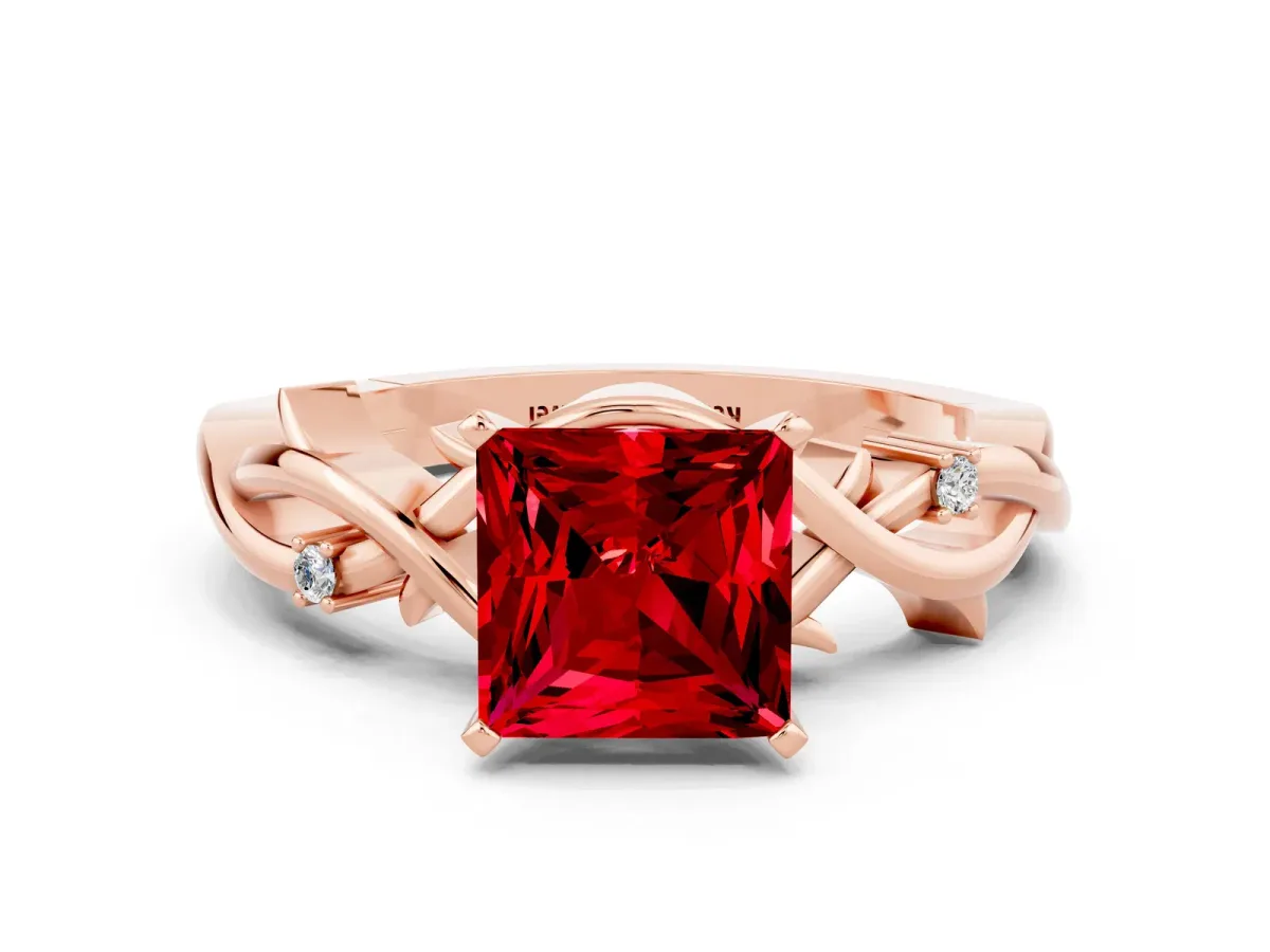 Princess Cut Ruby Solitaire Ring with Twisted Band and Prong Setting Rose gold