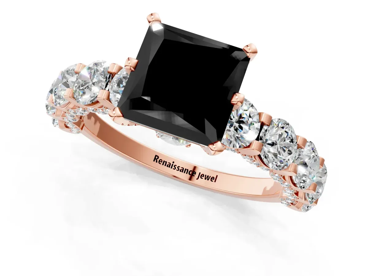 Fancy Black Princess Cut Diamond Side Stone Engagement Ring with Four-Prong Setting Rose gold