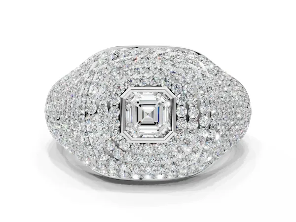 Asscher Cut Diamond Bezel Set Pavé Dome Mens Ring Platinum