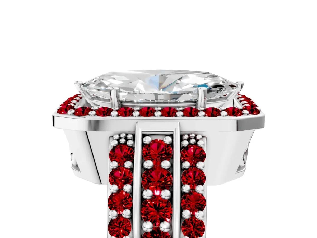 Marquise Cut Halo Diamond Ring with Round Ruby Split Shank and Prong Setting Platinum