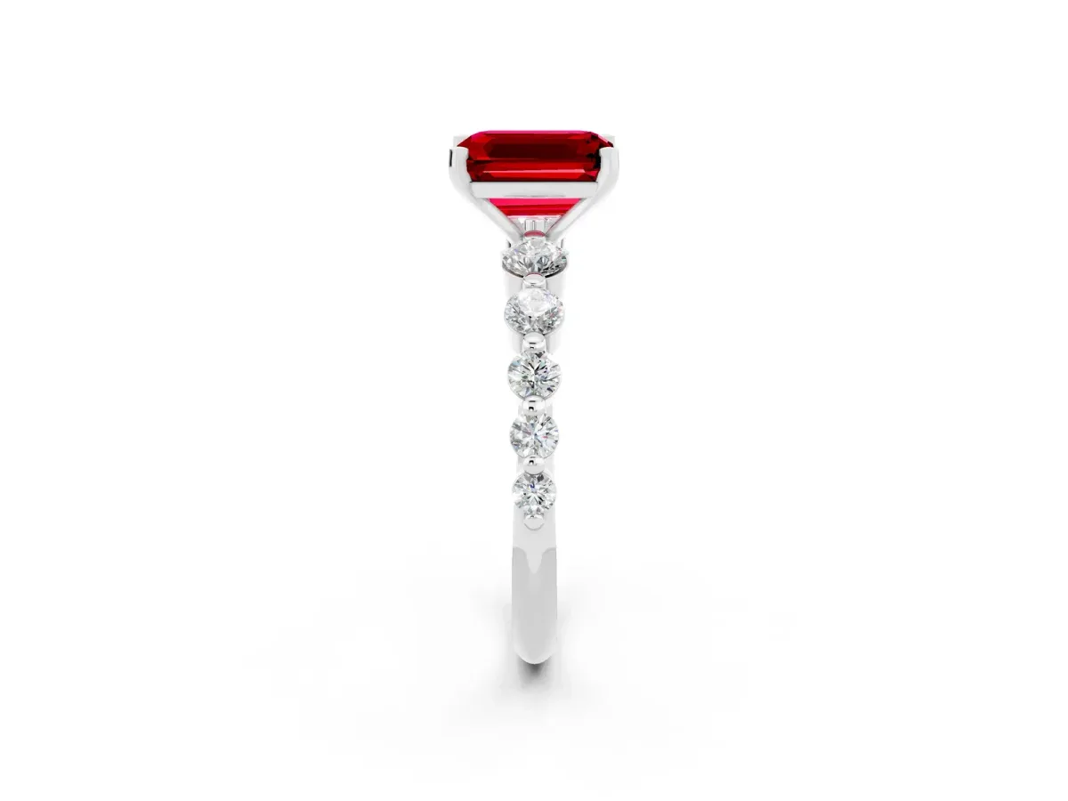 Emerald Cut Solitaire Ruby Ring with Pave Band and Four-Prong Setting White gold