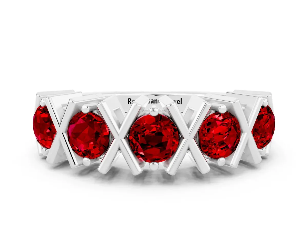 Round Ruby Channel Set Band with X-Prong Detail Silver