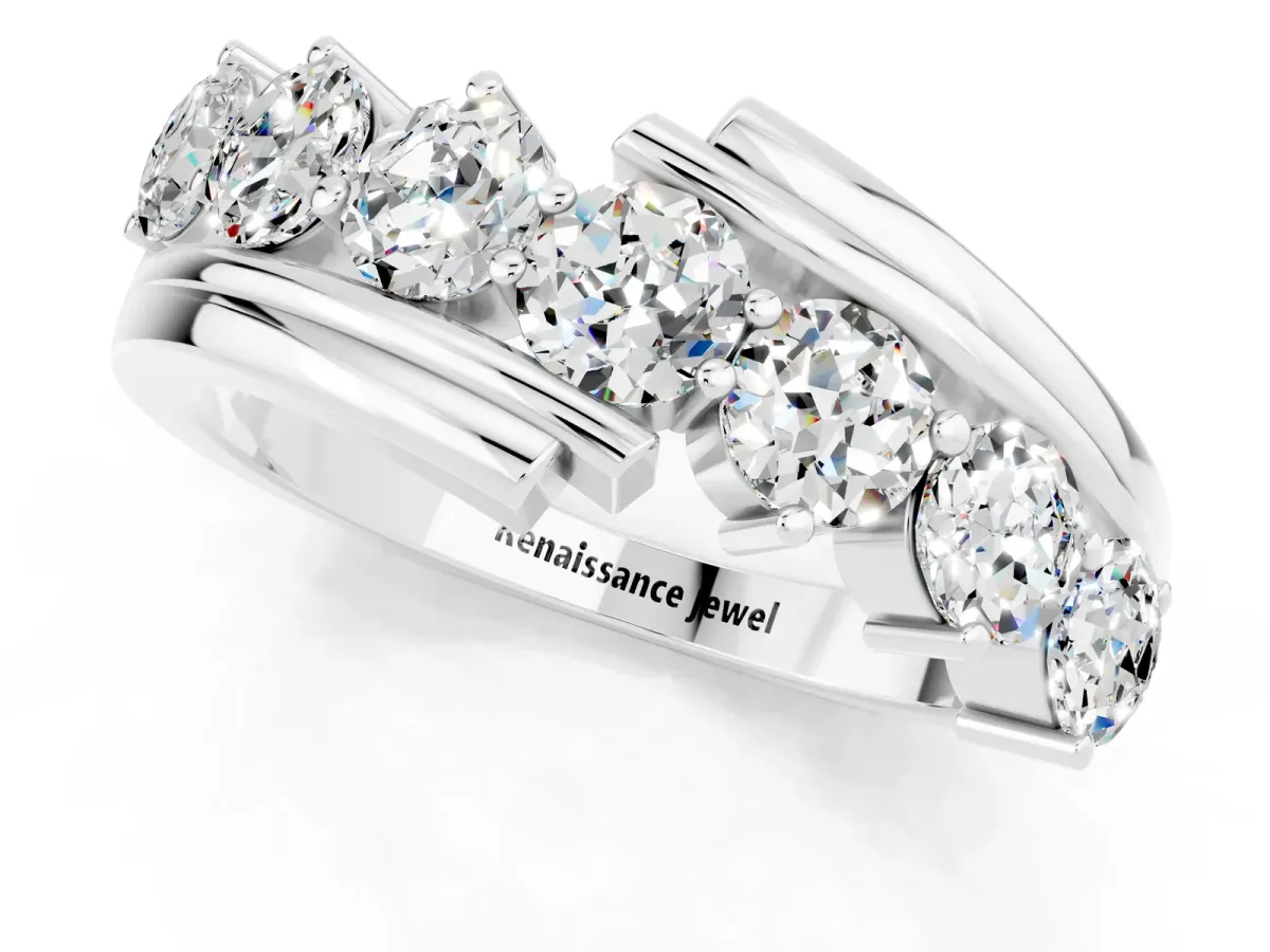Round Moissanite Wave Band with Channel and Shared Prong Setting Silver