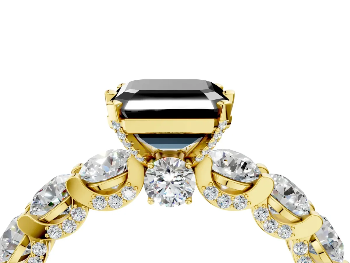Fancy Black Asscher Cut Diamond Side Stone Engagement Ring with Four-Prong Setting Yellow gold