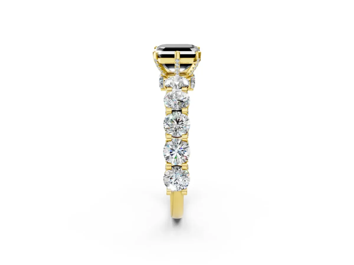Fancy Black Asscher Cut Diamond Side Stone Engagement Ring with Four-Prong Setting Yellow gold