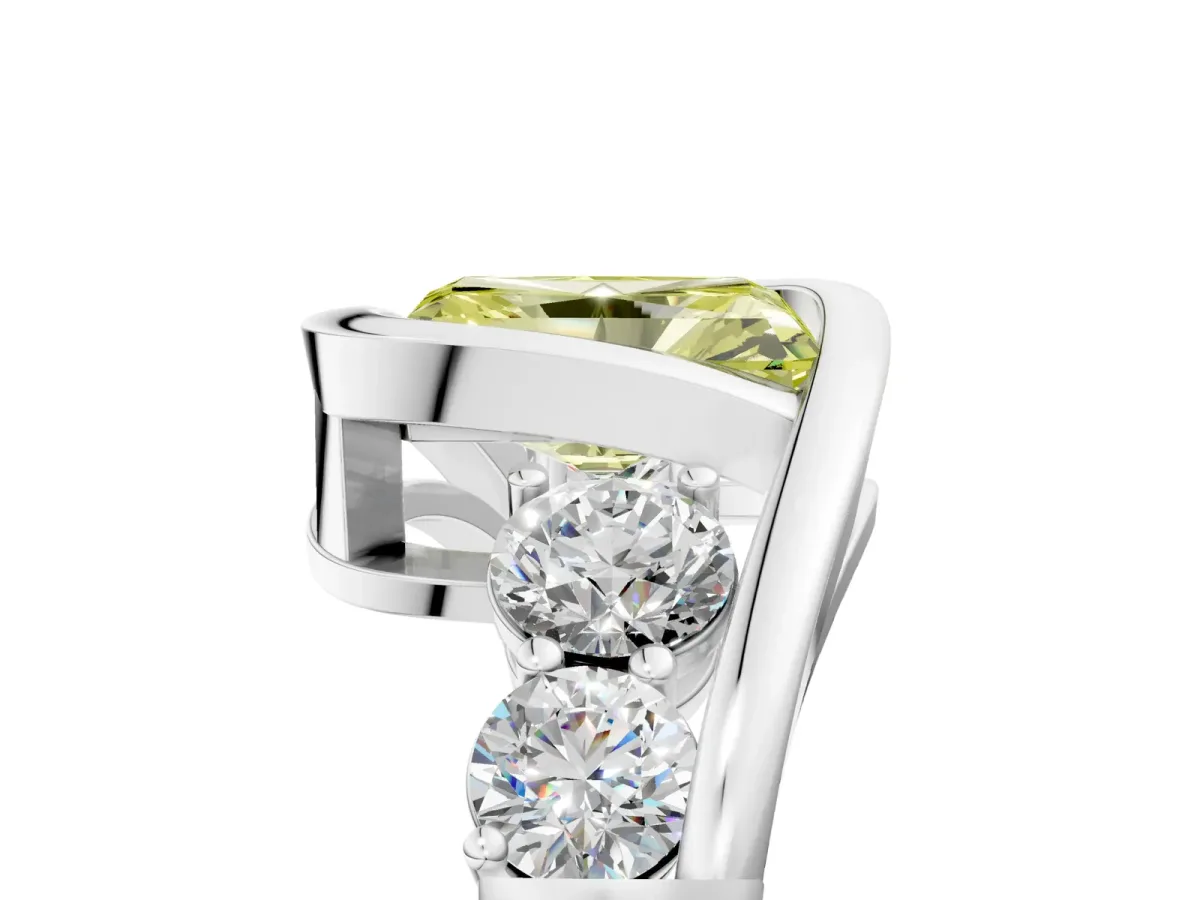 Fancy Yellow Bezel Set Radiant Cut Diamond Bypass Ring with Round Accents Platinum