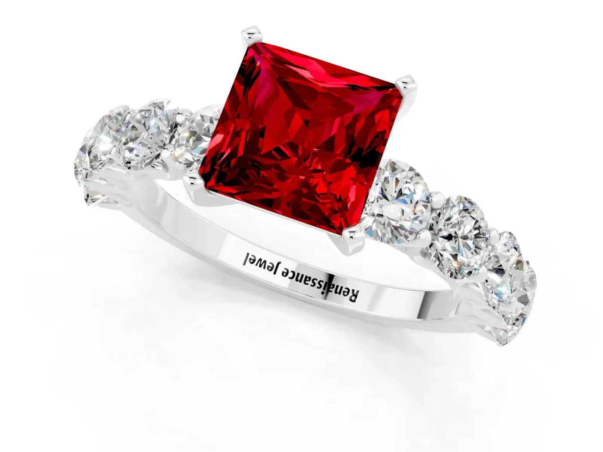 Princess Cut Ruby Prong Setting with Side Stones on a Pave Band Platinum
