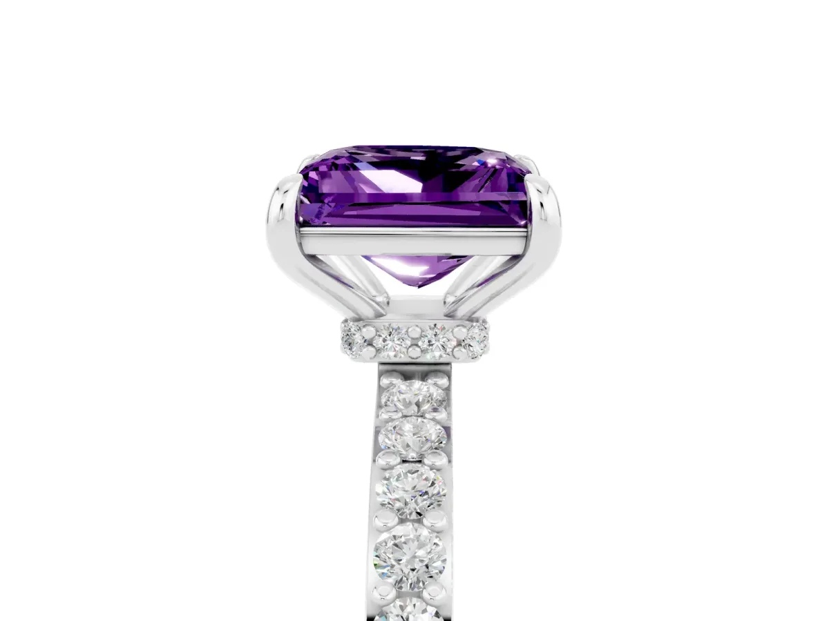 Princess Cut Amethyst Solitaire Engagement Ring with Pavé Band and Four-Prong Setting White gold