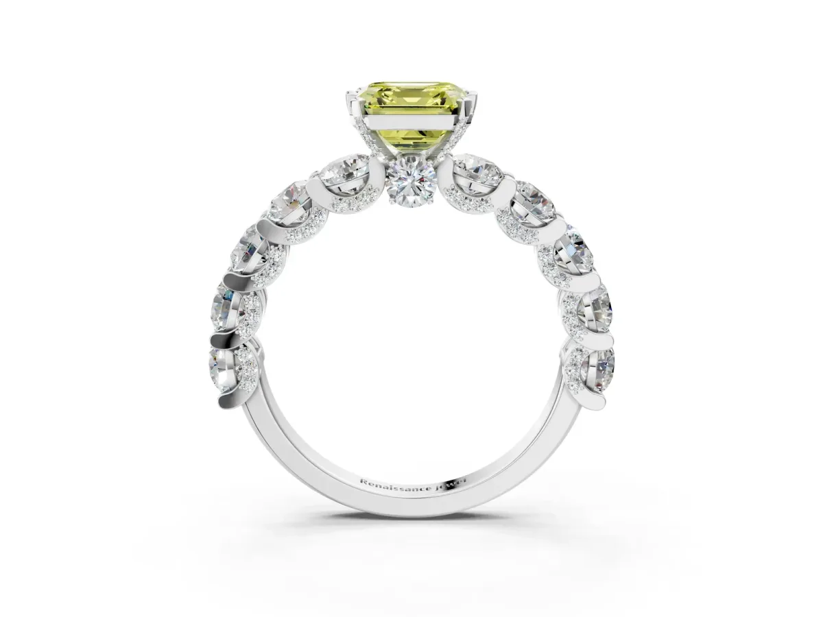 Fancy Yellow Asscher Cut Diamond Side Stone Engagement Ring with Four-Prong Setting White gold