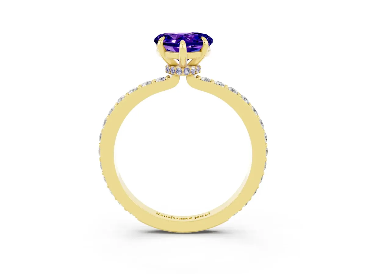 Heart Cut Tanzanite Solitaire Engagement Ring with Pavé Band and Four-Prong Setting Yellow gold