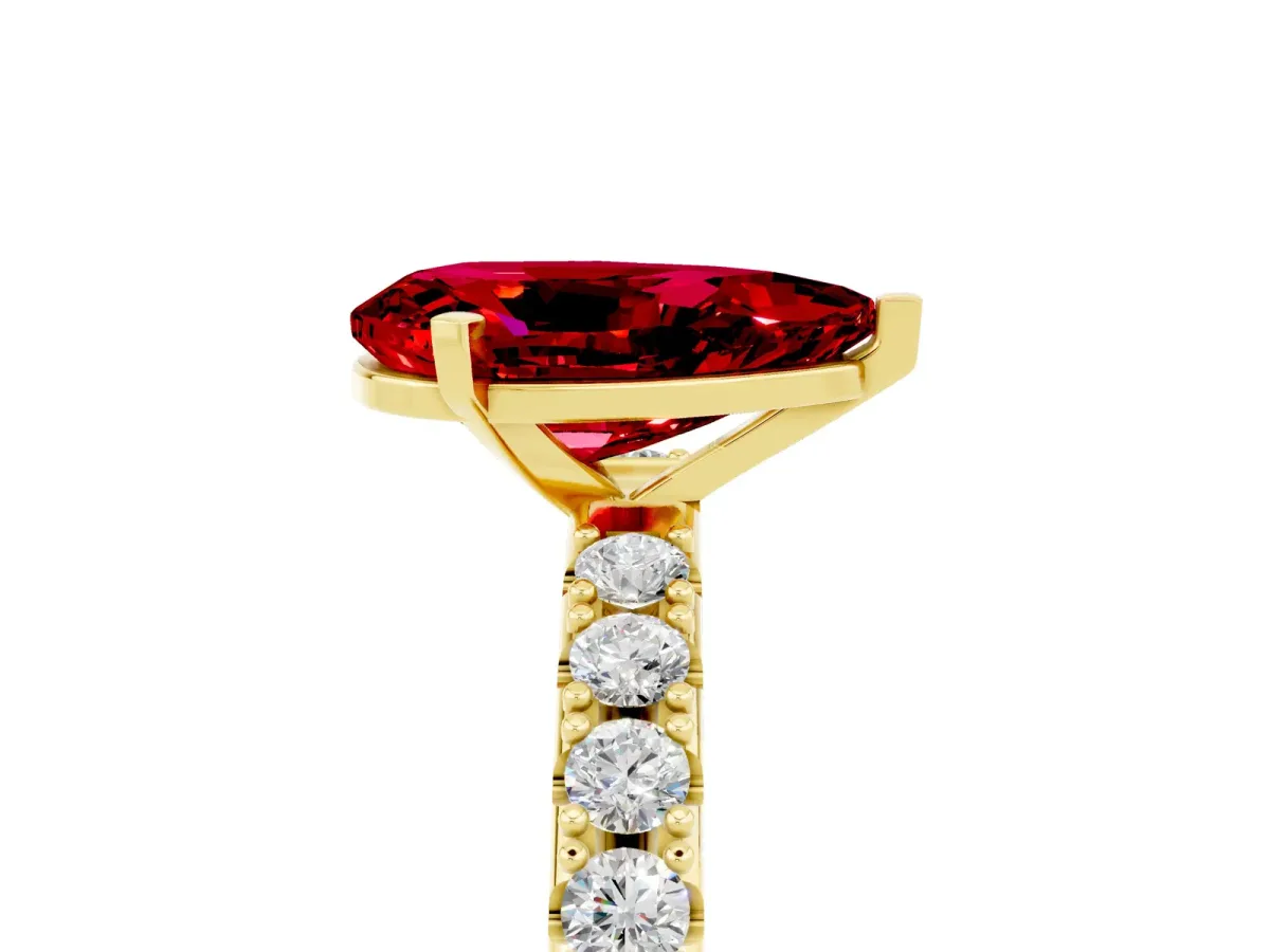 Pear Cut Ruby Solitaire Pavé Band with Four-Prong Setting Yellow gold