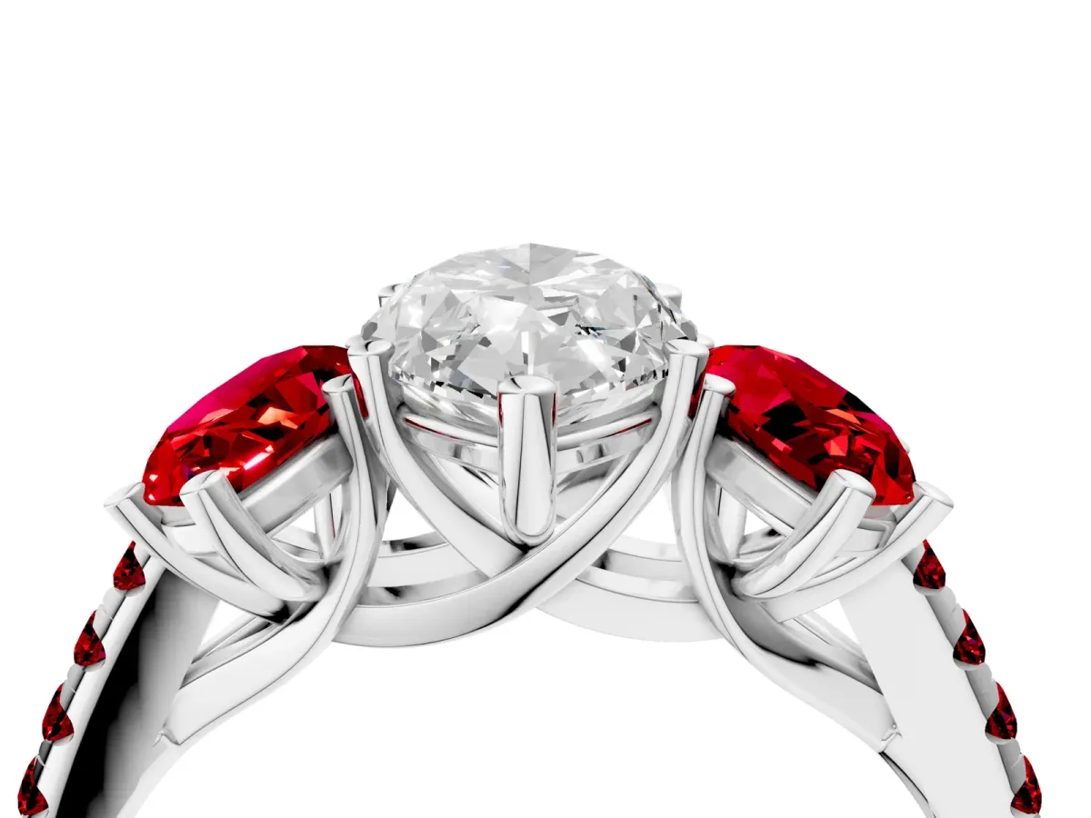 Three-Stone Marquise Cut Diamond Ring with Round Ruby Pavé Band and Prong Setting Platinum