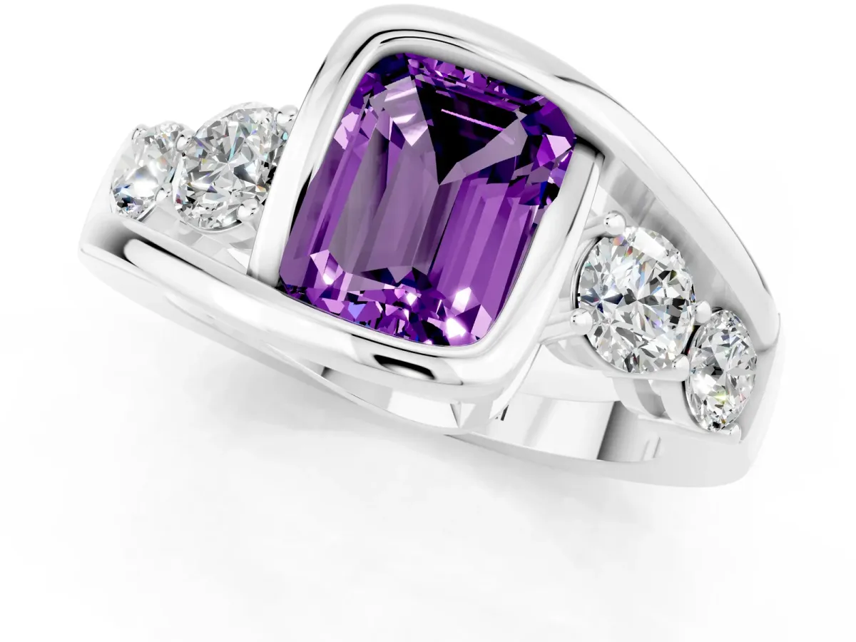 Bezel Set Emerald Cut Amethyst Bypass Ring with Round Accents Silver
