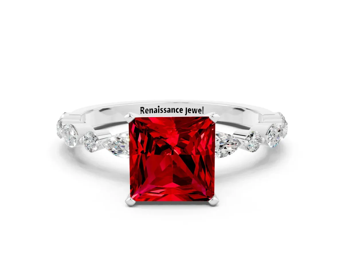 Princess Cut Ruby Ring with Marquise and Round Side Stones and Four-Prong Setting Silver